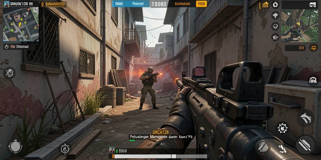 Screenshot gameplay ORCA128 menampilkan aksi intens dalam peperangan FPS.