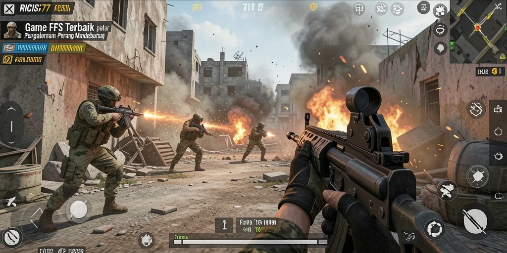 Screenshot RICIS77 menampilkan pertempuran FPS yang mendebarkan dan intens.