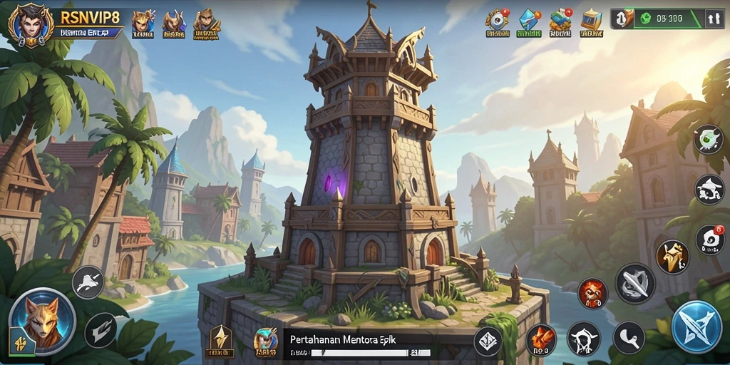 Tampilan gameplay RSNVIP8 yang menegangkan dengan menara pertahanan.
